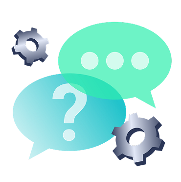 Frequently asked questions with speech bubbles and gear